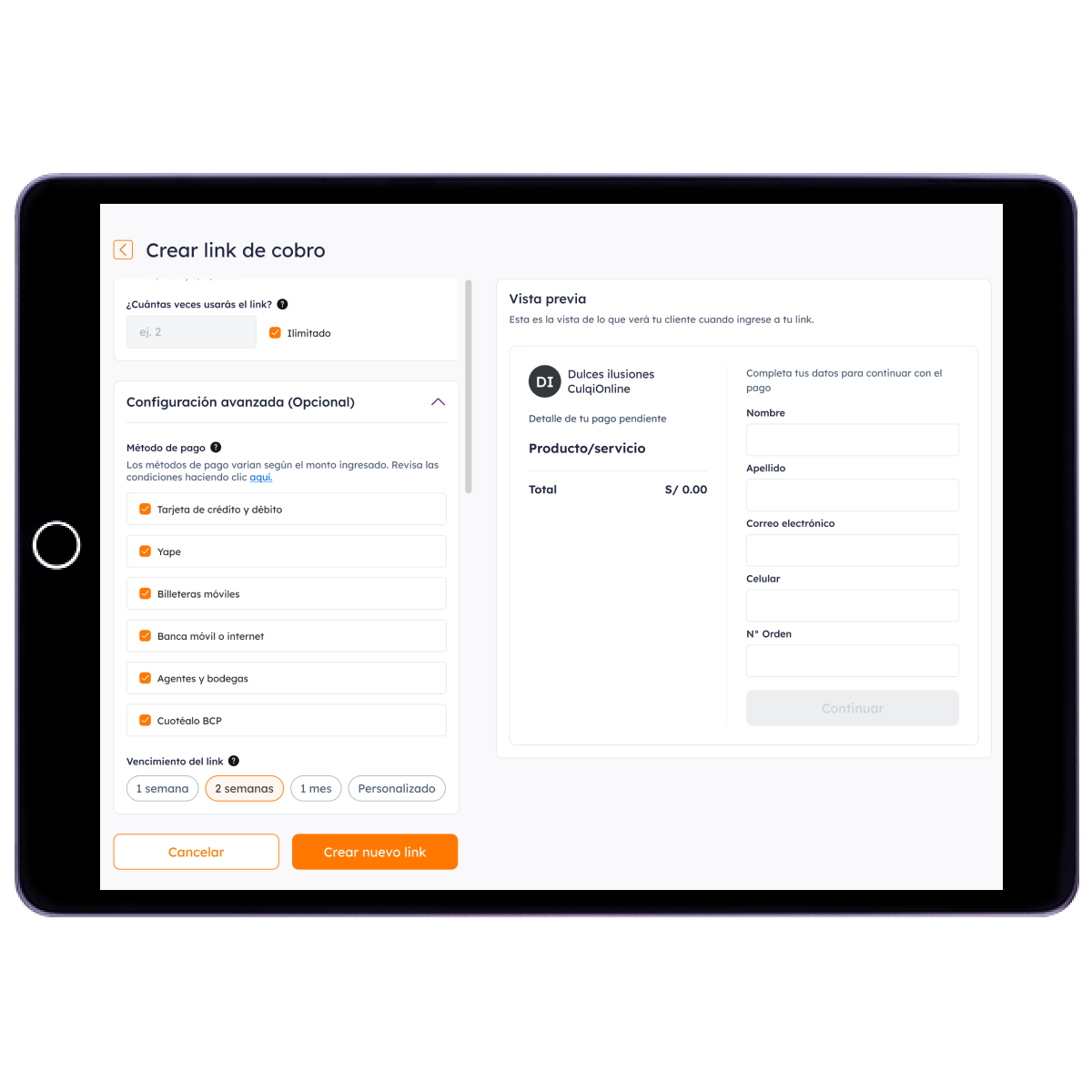Personalzia el monto y medio de pago
